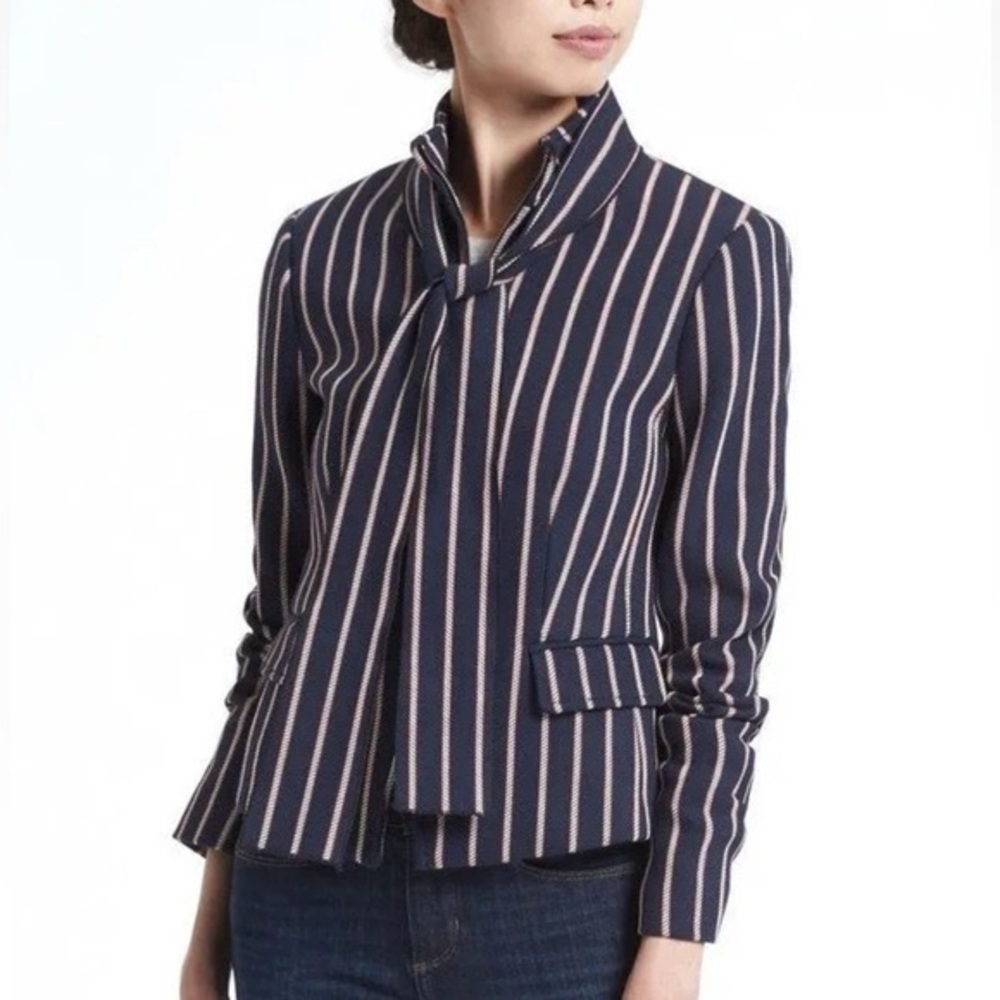 Banana Republic Navy Stripe Bow Neck Zip Front Jacket